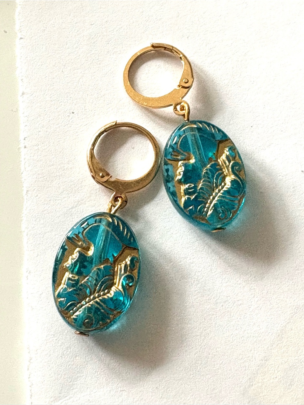 Blue teal Drop Earrings with Gold Accents - Women Jewelry, new